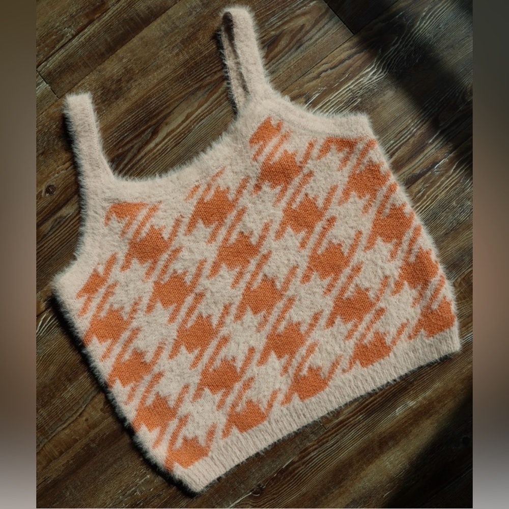Blush Y2K Soft Girl Fuzzy Houndstooth Cropped Sweater Tank Cami Size L